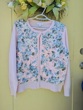 Floral Pale Pink Embroidered Light Weight Sweater,L